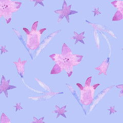 Seamless watercolor pattern with lilac and blue flowers on blue background