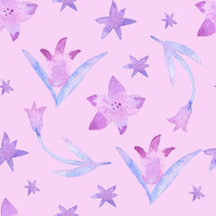 Seamless watercolor pattern with lilac and blue flowers on pink background