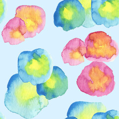 Seamless watercolor pattern with big pink and blue flowers on blue background