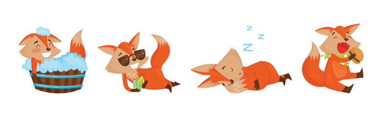 Funny Orange Fox Engaged in Different Activities Vector Set