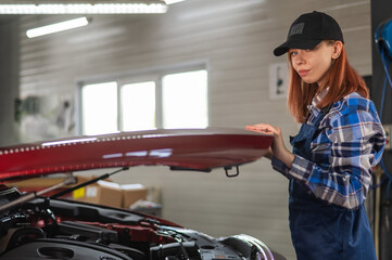 Fototapeta na wymiar Woman auto mechanic opens the hood of a car in a car service. 