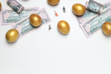 Golden eggs, pension savings, investments, retirement, space for text