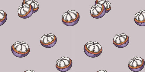 Exotic mangosteen fruit seamless pattern. Vector eco fruit or organic nature ingredient for food