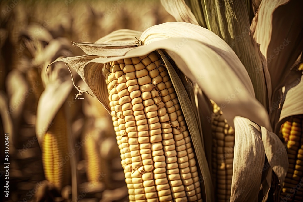 Canvas Prints ripe corn cob in a golden field. generative ai