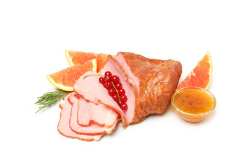 Concept of tasty food, meat, Ham, isolated on white background