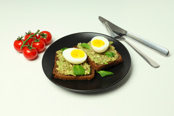 Concept of tasty breakfast, morning meal on white background