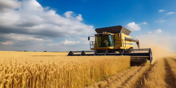 Combine harvester harvesting ripe wheat. Ripe ears of gold field over cloudy sky background. Rich harvest concept. Image of agriculture. generative ai