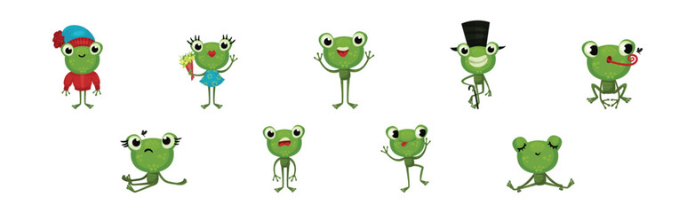 Funny Green Frog with Protruding Eyes Engaged in Different Activities Vector Set