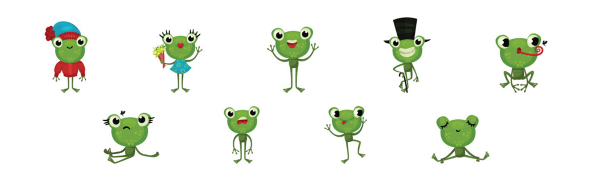 Funny Green Frog with Protruding Eyes Engaged in Different Activities Vector Set