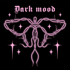 Glam goth aesthetic print with night moth. Dark black and playful pink colors. Y2k barbed wire gothic vibe. Vintage emo girl style graphic. Glamour psychedelic 00's art. - obrazy, fototapety, plakaty