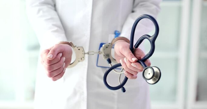 Doctor in handcuffs holds stethoscope standing in clinic office. Female specialist in medical uniform arrested for bribery and malpractice