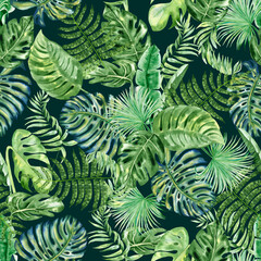 Naklejka na ściany i meble Tropical leaves seamless watercolor pattern. Hand drawn illustration of green plant branches isolated on white background. Jungle ornament. Summer print for clothes and wallpaper. Exotic background...