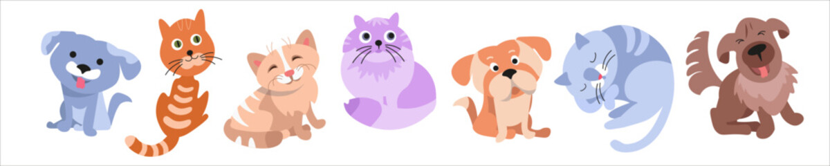 Set of cute cats and dogs. Isolated funny characters, collection on white background. Vector illustration for design.
