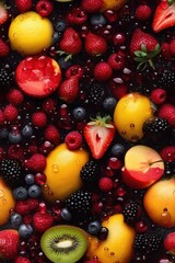 Fresh fruits seamless background, adorned with glistening droplets of water. Generative AI.