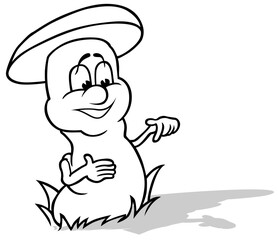 Drawing of a Forest Mushroom with a Cheerful Face in the Grass