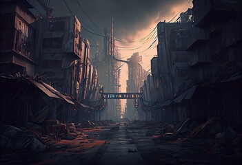 post apocalypse city, sci-fi, cyberpunk, illustration. Generative AI