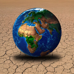 A globe is in the middle of a dry desert - obrazy, fototapety, plakaty