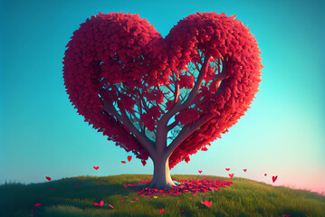 Naklejka na ściany i meble Heart tree, Red heart shaped tree on sunset. Valentine background. Love concept. Generative AI