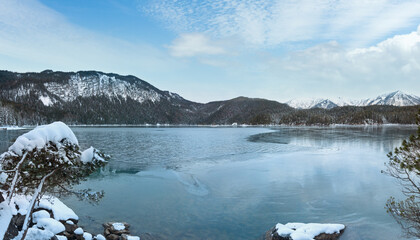 Eibsee lake winter view, Bavaria, Germany. Panorama.