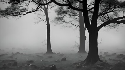 some dry trees in a foggy forest