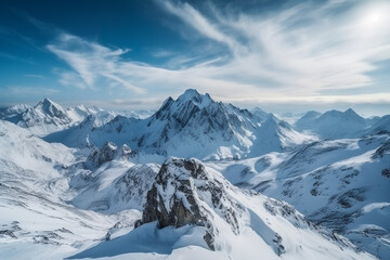 Fototapeta na wymiar Majestic Snowy Mountain Range with Blue Sky - AI Generated