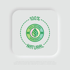 100 percent natural ingredients symbol. Thin line icon for package of organic product. Modern vector illustration.