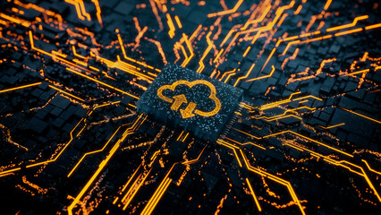 Data storage Technology Concept with cloud symbol on a Microchip. Data flows from the CPU across a Futuristic Motherboard. 3D render.