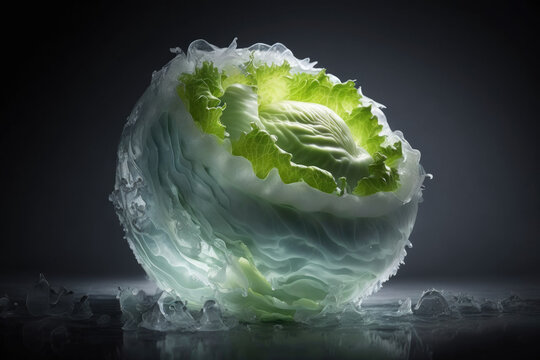 Vegetable themed, healthy nutrition concept. Premium Close up shot of a stylized Iceberg lettuce. Generative AI.