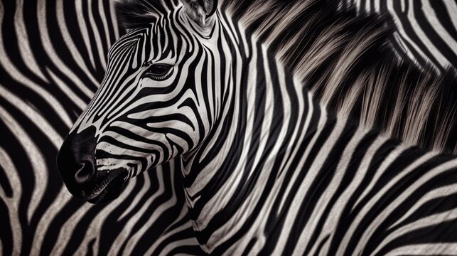 Zebra pattern background texture design, close up, zebra stripes, black and white, animals, horse, Generative AI