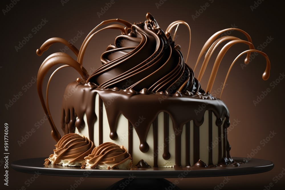 Poster curls of chocolate frosting with a fudge drizzle generative ai