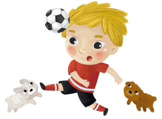 cartoon scene with kid playing running sport ball soccer football - illustration for children