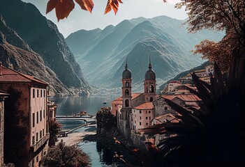 Fototapeta na wymiar Old town in Kotor, view of the river and mountains. Generative AI