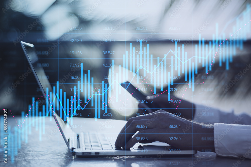 Poster Close up of hands using laptop and cellphone at desktop with glowing candlestick forex chart on blurry background. Trade, stock and global finance concept. Double exposure.