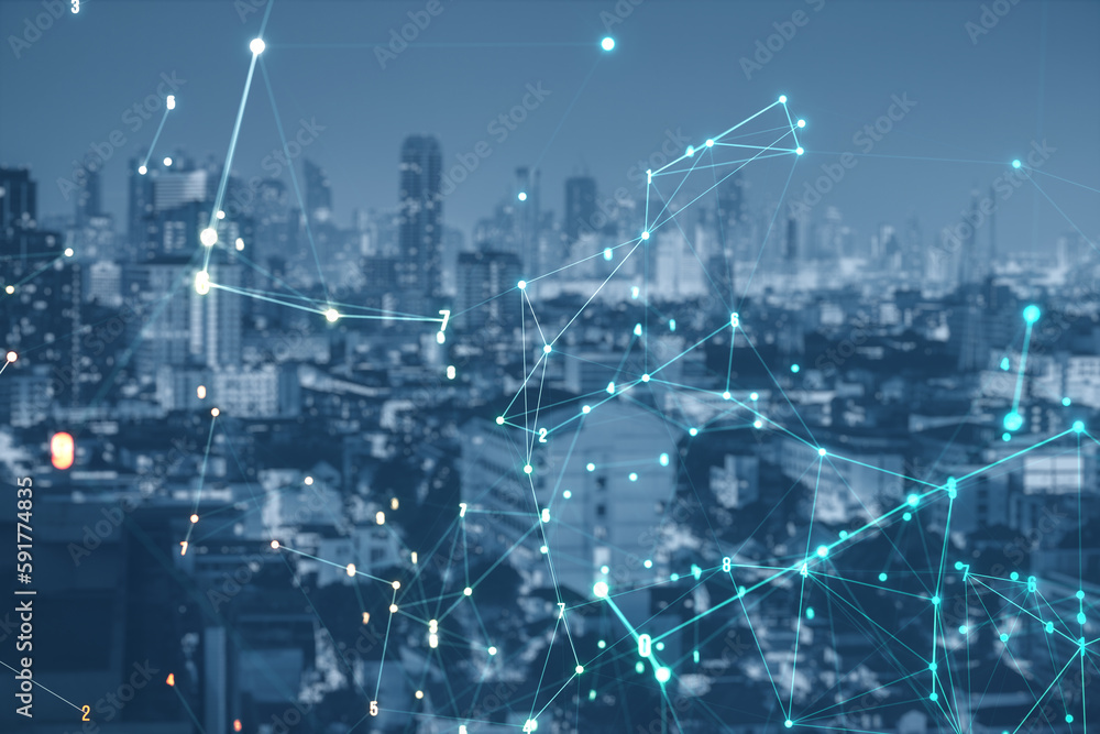 Poster Glowing polygonal coding mesh on blurry city background. Technology and pattern concept. Double exposure.