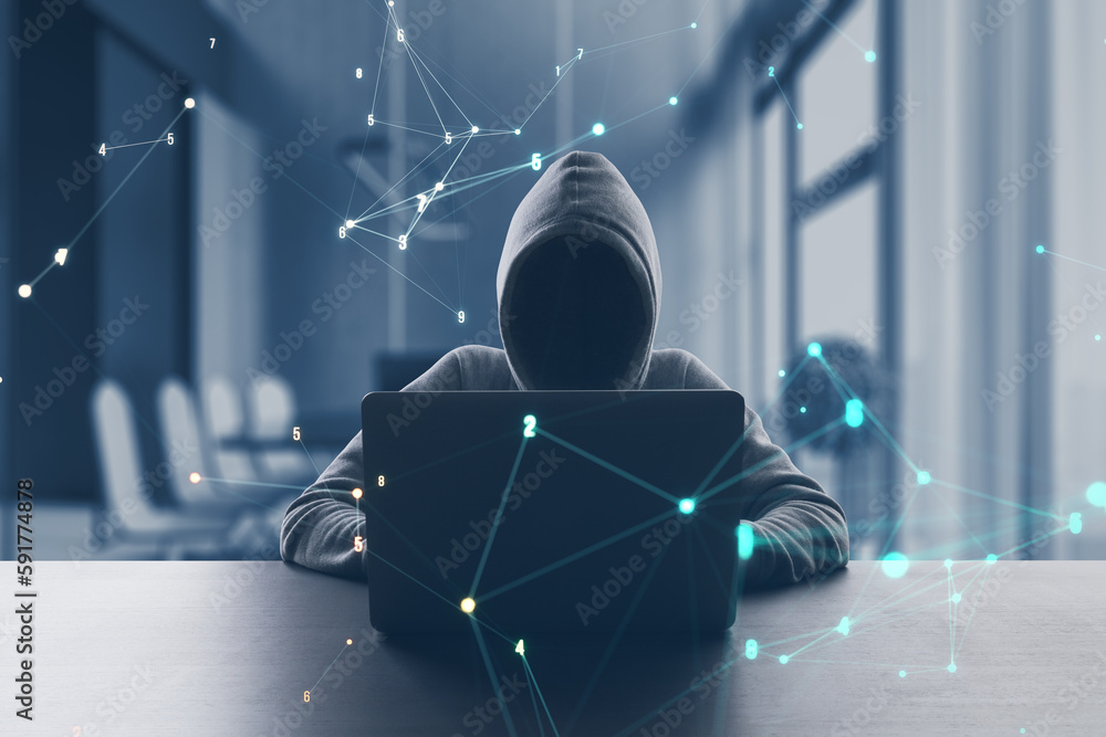 Poster Hacker at desktop using laptop with glowing polygonal coding mesh on blurry office interior background. Technology, hacking, theft and pattern concept. Double exposure.
