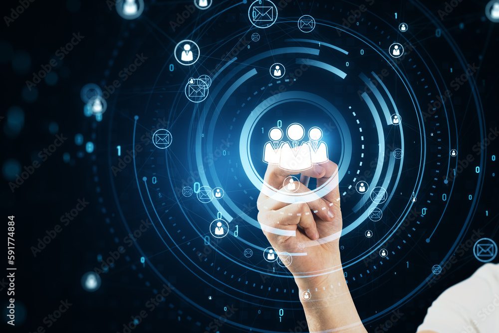 Poster Close up of male hand with pen using glowing people icons hologram. Creative global structure networking and data exchanges customer connection on dark background.