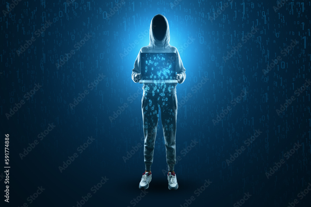 Leinwandbilder Hacker holding laptop with abstract glowing binary code hologram on blue background. Programming, hacking and theft concept.