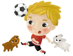 cartoon scene with kid playing running sport ball soccer football - illustration for children
