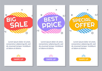 Fototapeta na wymiar Sale banner set. Flyer modern design with liquid shapes. Special offer, Best price, Big sale story or cover for smartphone app. Discount, promotion posters for mobile phone. Vector illustration. 