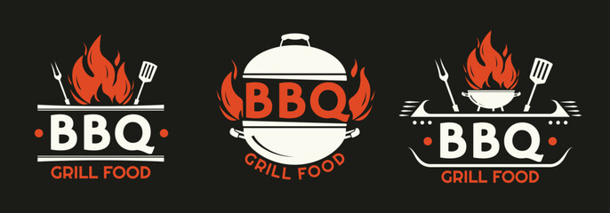 BBQ logo set. Grill food, barbecue icons. Meat restaurant label design with fire flame. Vector illustration.