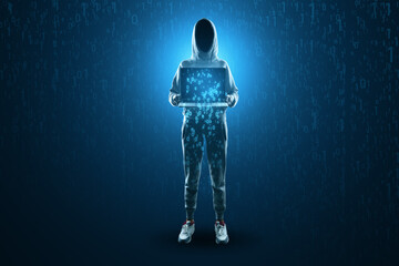 Hacker holding laptop with abstract glowing binary code hologram on blue background. Programming,...