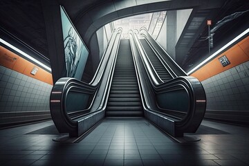 Subway Station with Dual Escalators Going Up and Down. Generative AI