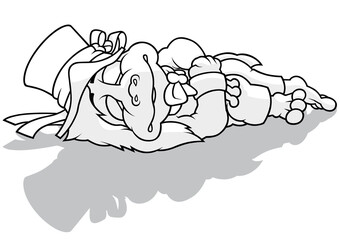 Drawing of a Waterman Sleeping on the Ground Wearing a Hat with Ribbons