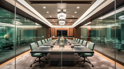 An exceptional image of a glass-encased boardroom, exemplifying modern design and innovation in a high-end office setting - Powered by Adobe