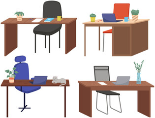 Organization workplace of employee. Design of worspace room, space for working in office. Arrangement of furniture table with computer and chair in interior. Place for working with technology at home