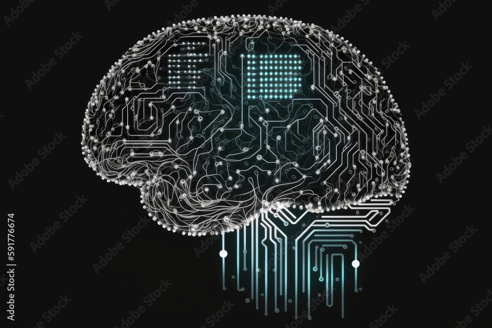 Poster high-tech computer brain with a prominent circuit board in the center. generative ai