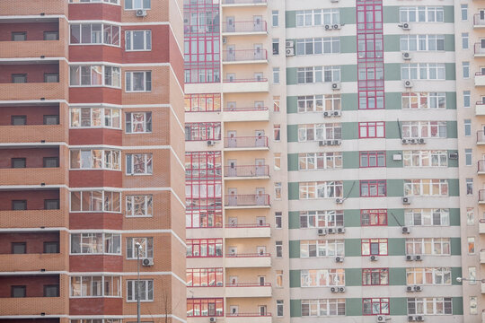 Vidnoye, Leninsky district, Moscow region. Modern high-rise residential buildings with large windows. New buildings.