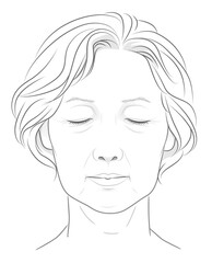 目を閉じたシニア女性の顔の線画イラスト