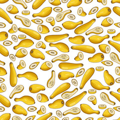 Seamless pattern with Crookneck Yellow Squash. Summer squash. Cucurbita pepo. Cucurbitaceae. Fruits and vegetables. Cartoon style. Vector illustration isolated on white background.