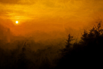 Digital painting of sunset silhouettes of trees at the Roaches in the Peak District National Park.